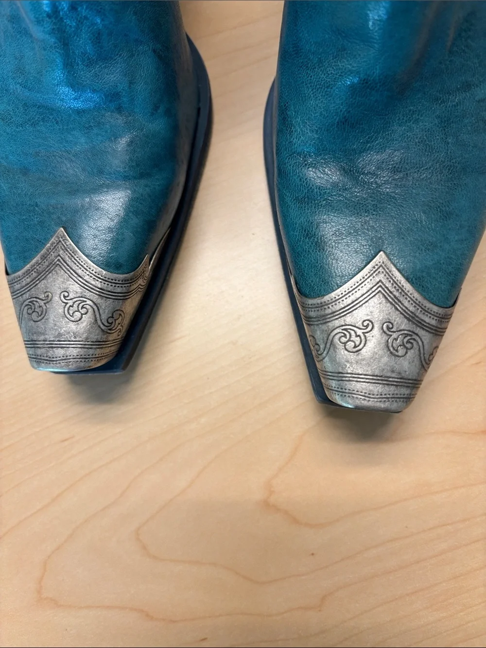 Free People Vero Cuoio Teal Italian Leather Western Boots with Silver Toe Caps - Picture 3 of 8